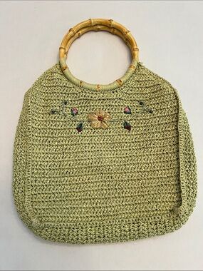 SCALA GAL Y2K GREEN WOVEN TWINE WITH FLOWERS WITH BAMBOO HANDLES BAG PURSE